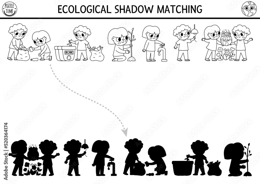 Vecteur ecological black and white shadow matching activity with kids caring of environment earth day puzzle find correct silhouette printable worksheet or game eco awareness coloring page for kids