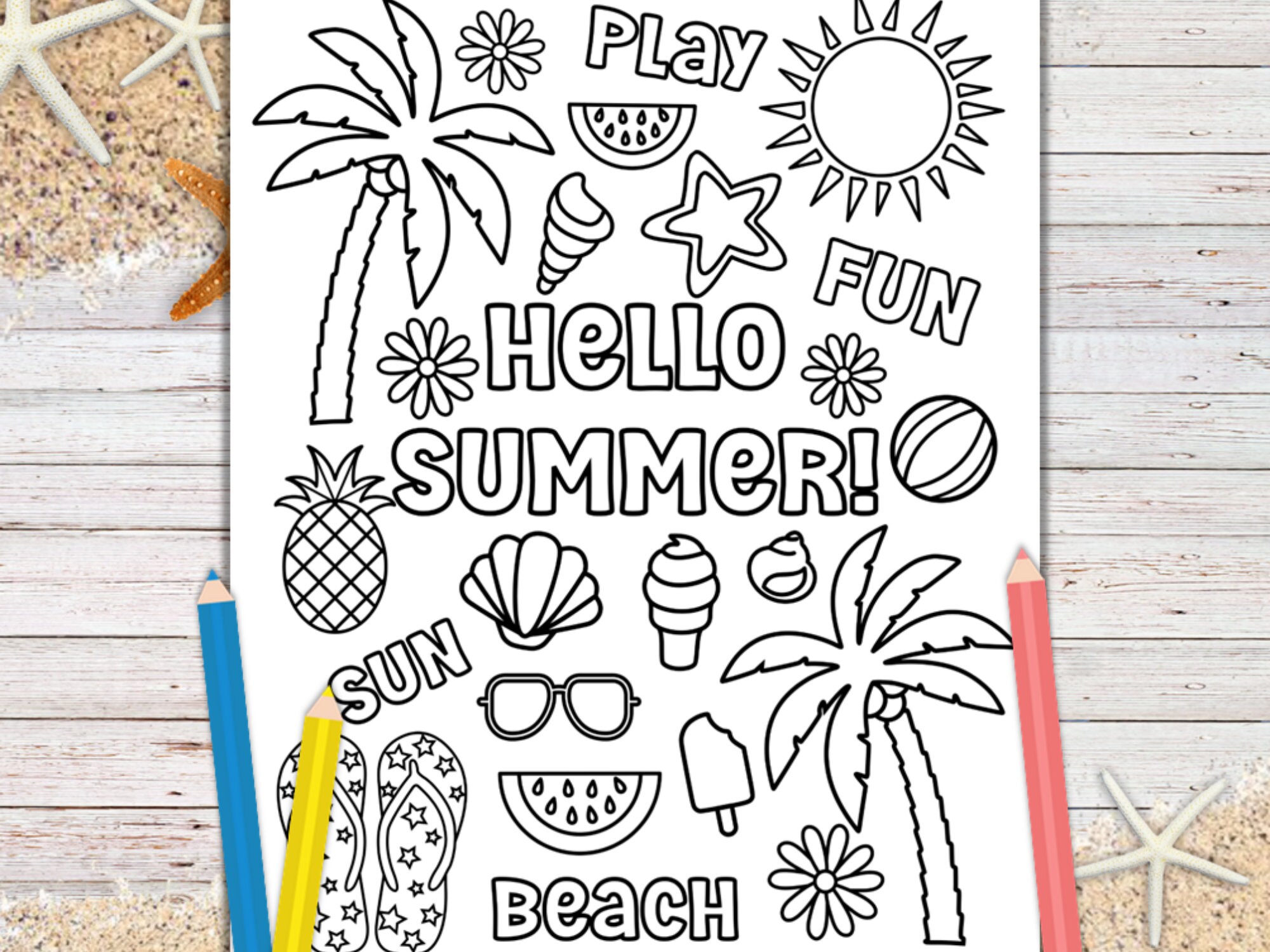 Hello summer printable page summer vacation coloring kids coloring pages coloring sheets for kids adults pdf digital download