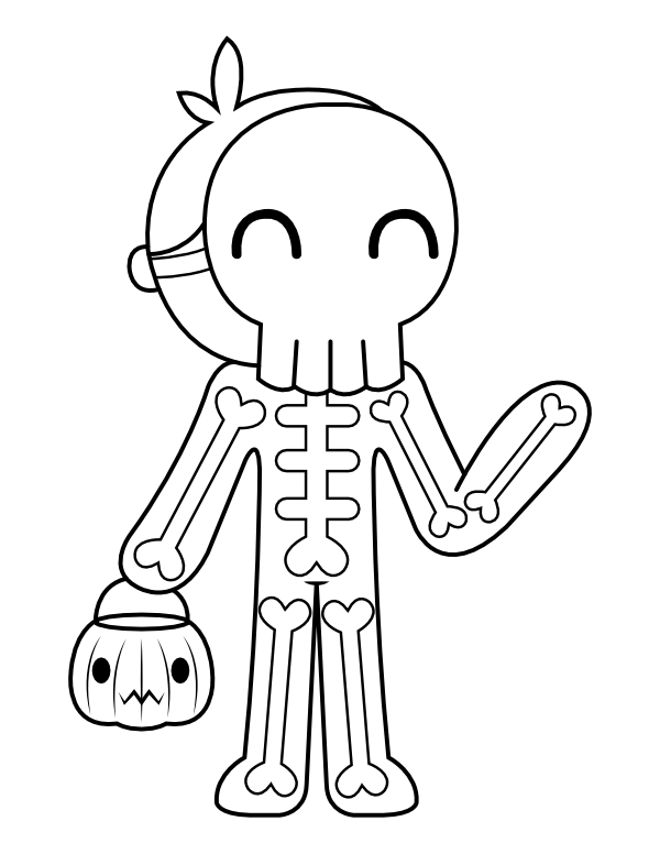 Printable skeleton trick or treater coloring page