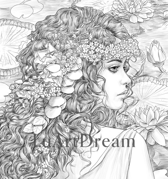 Amazon water lily coloring page digital download illustration pdf jpg grayscale coloring page for adults printable coloring