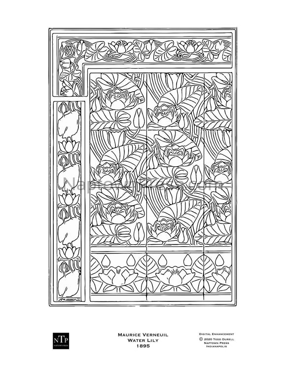 Printable coloring page art nouveau flowers water lily â naptown press