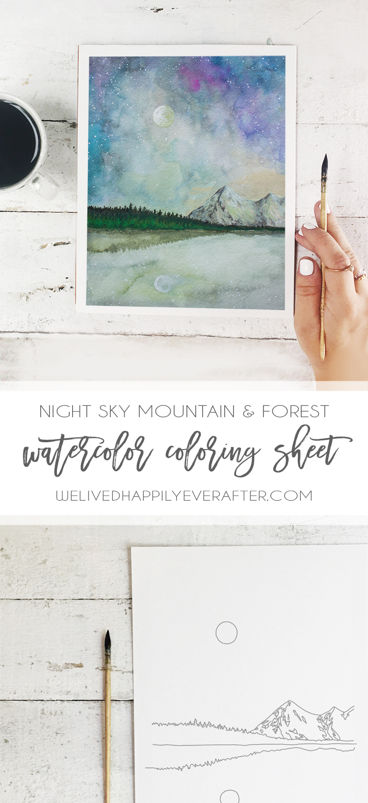 Freebie adult coloring sheet mountain galaxy watercolor printable