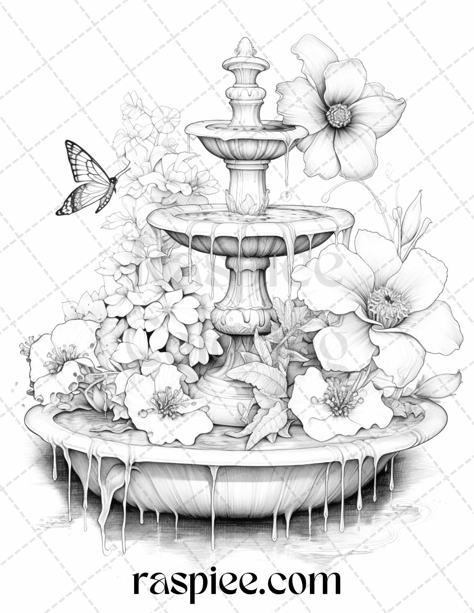 Blooming fountains grayscale coloring pages printable for adults p â coloring