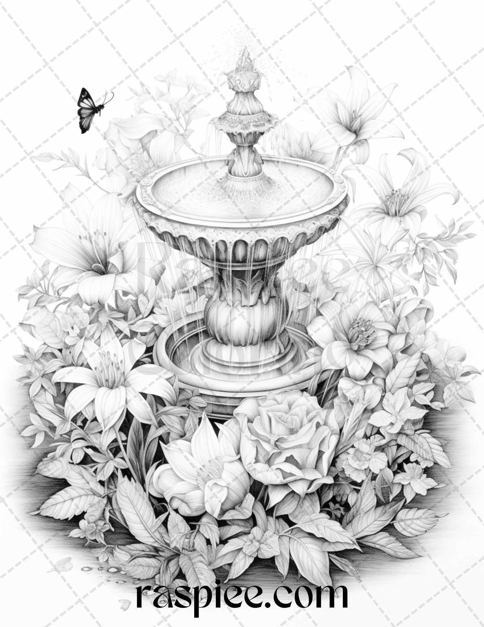Blooming fountains grayscale coloring pages printable for adults p â coloring