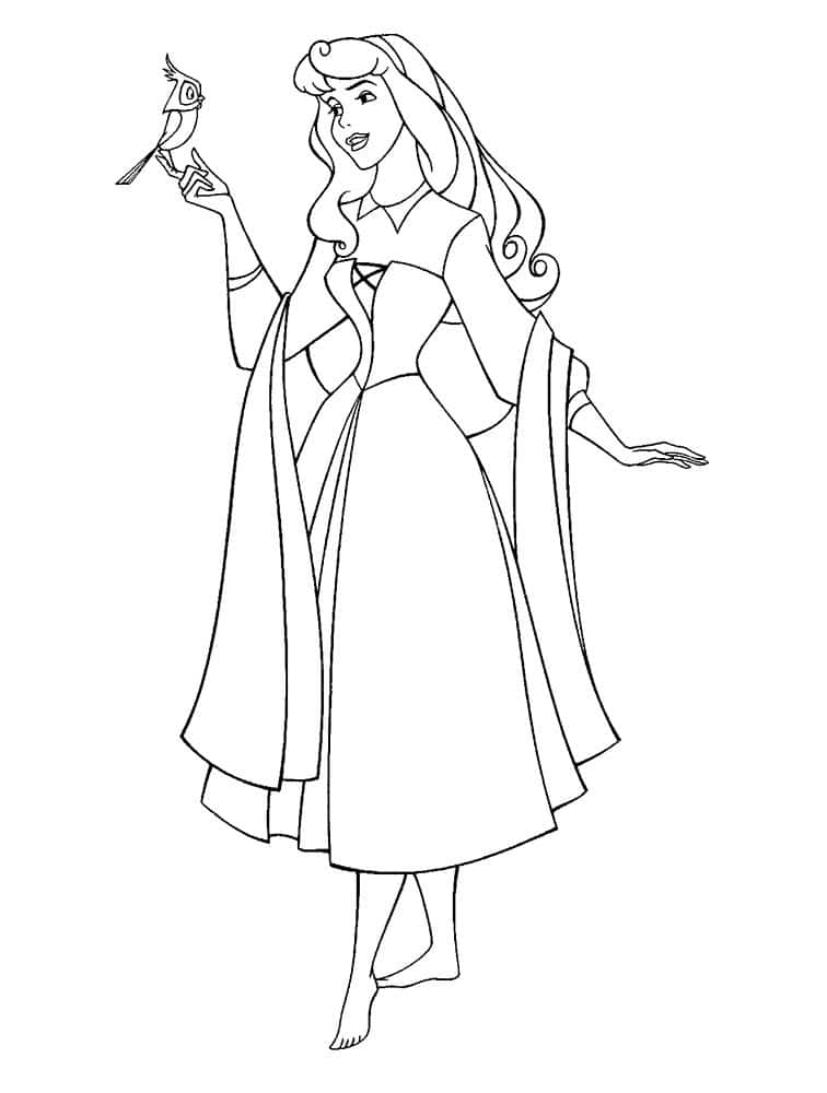 The sleeping beauty holding a bird on her hand coloring page
