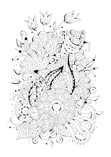 Premium vector coloring page with large and small flowers black and white background for coloring