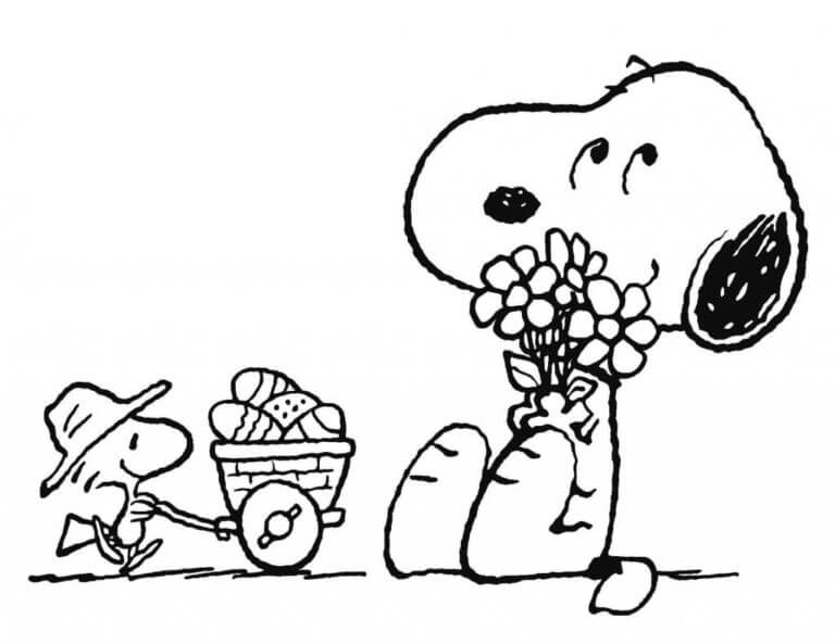 Snoopy with a bouquet of flowers coloring page