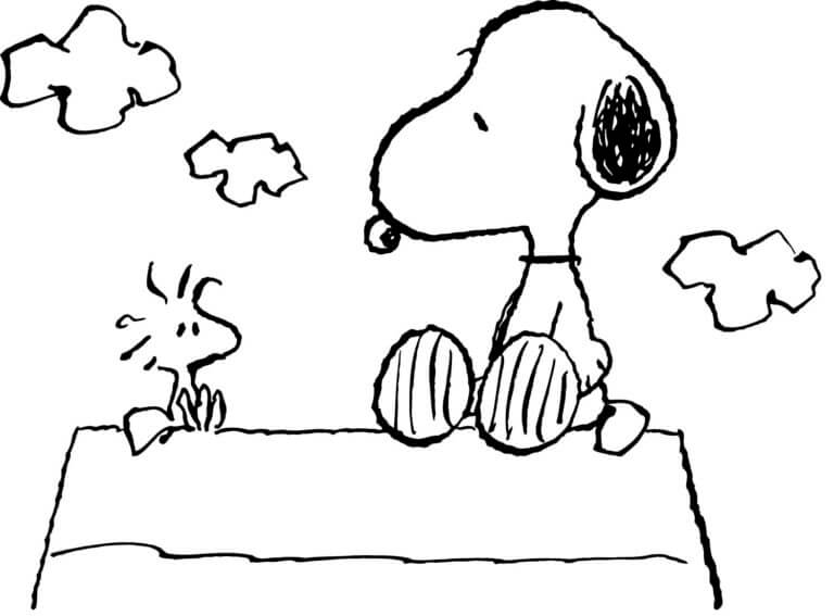 Snoopy and woodstock are sitting on the roof coloring page