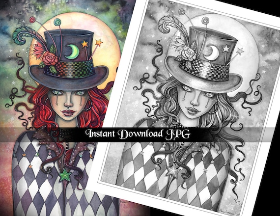 Mysterious witch top hat grayscale coloring page molly harrison printable instant download halloween coloring pages
