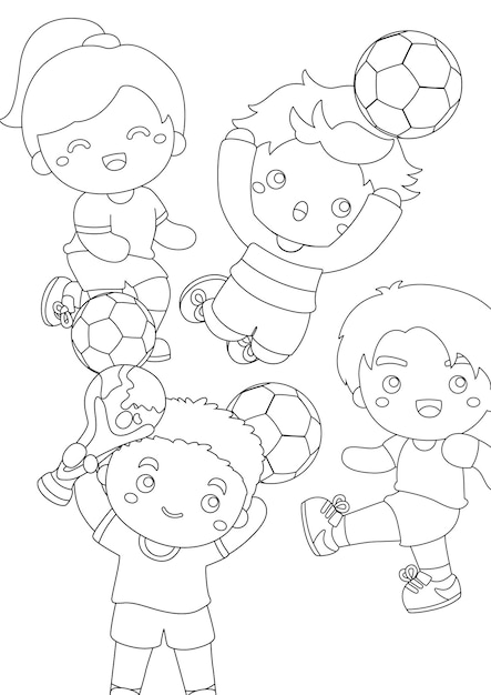 Premium vector happy kids playing soccer ball football outdoor sport activity coloring pages for kids and adult