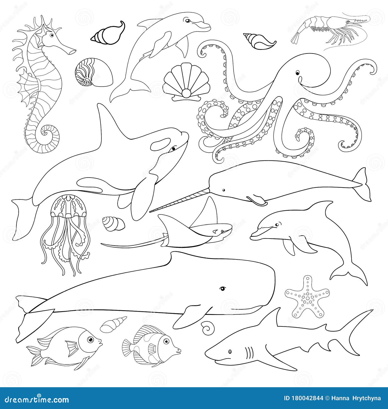 Set of linear marine vector animals for coloring inhabitants of the underwater world