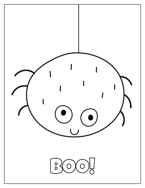Premium vector boo halloween coloring page with a cute spider hanging on a web kids print for coloring book