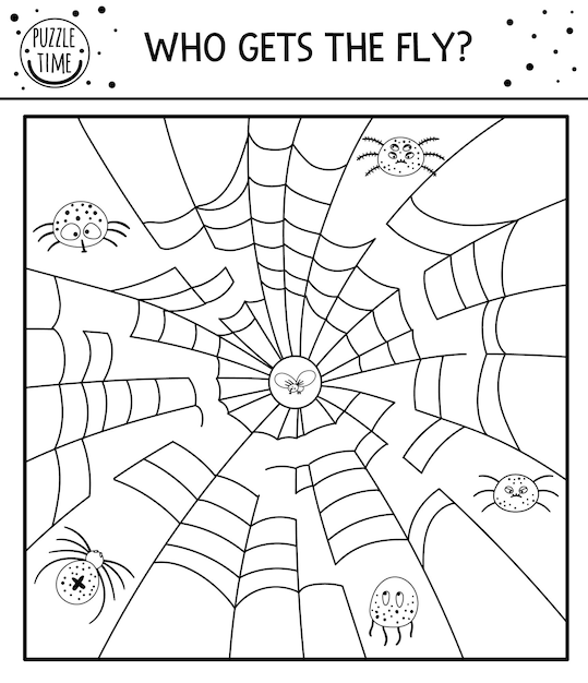 Premium vector halloween black and white maze for children autumn preschool printable educational activity funny day of the dead game or coloring page with spiders web insect who gets the fly