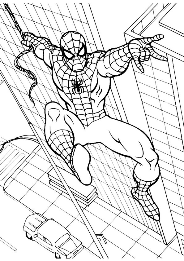 Coloring pages spiderman jumping from building
