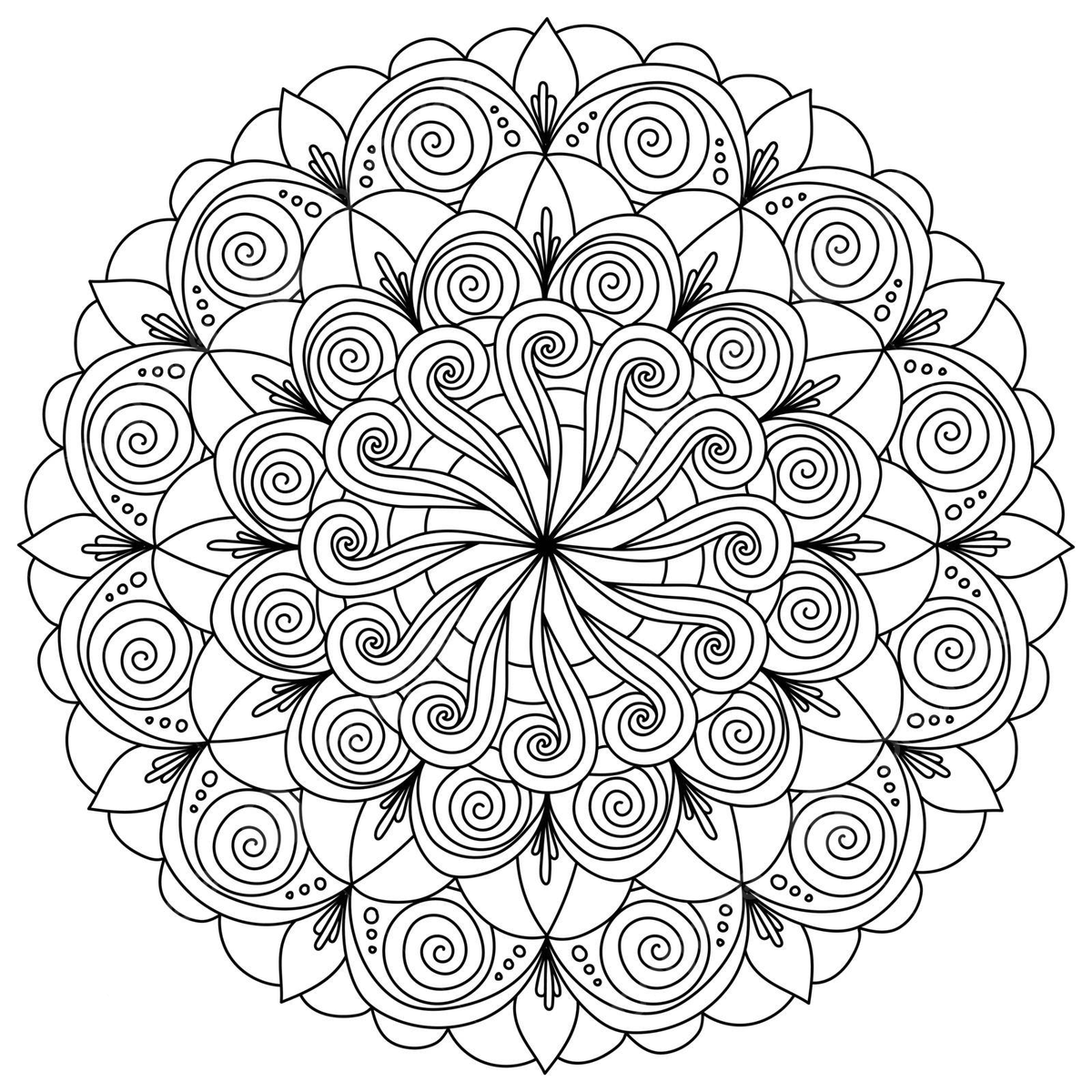 Ornate meditative coloring page spiraling curls and petals in contour mandala with intricate patterns vector illustration flower spiral png and vector with transparent background for free download