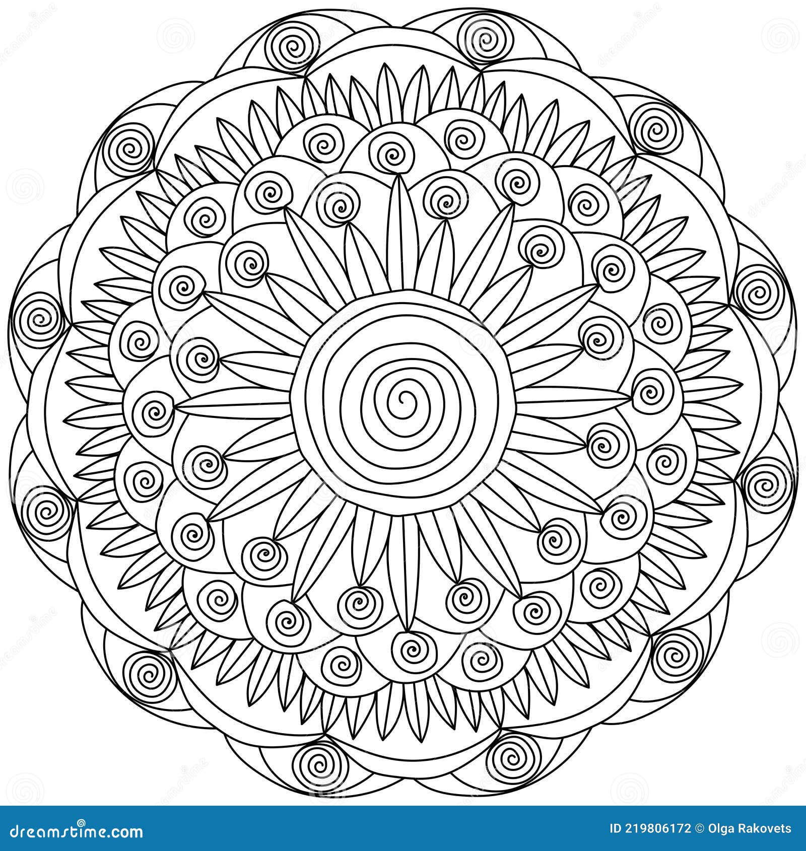 Contour mandala of spiral curls and a large spiral in the center meditative coloring page with ornate patterns stock vector