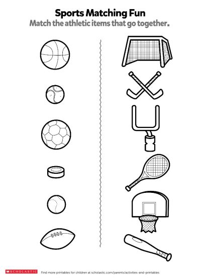 Match the sports items worksheets printables scholastic parents kindergarten worksheets sports activities for kids activity sheets for kids