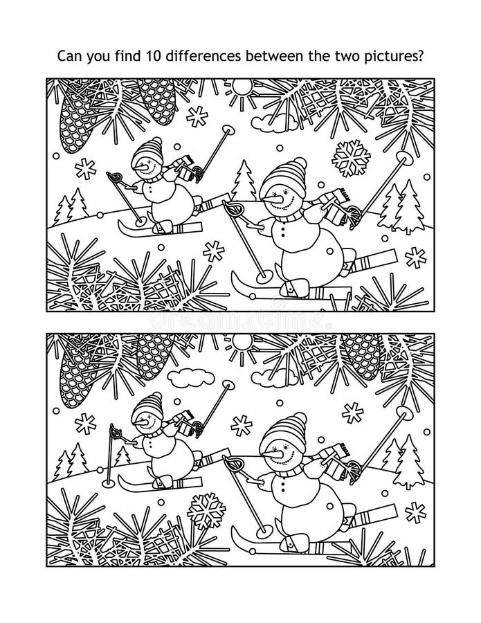 Skiing snowmen find the differences visual puzzle and coloring page stock vector