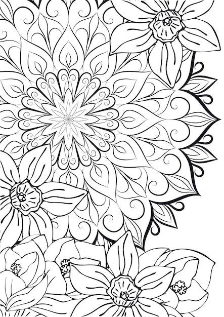 Premium vector outline of spring flowers on the background of a mandala adult coloring book page circular pattern
