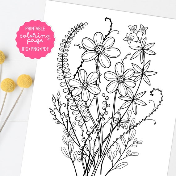 Spring wildflowers coloring page forest wildflower botanical coloring sheet adult coloring printable or digital