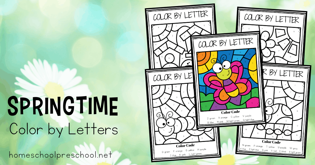 Free printable spring color by alphabet worksheets