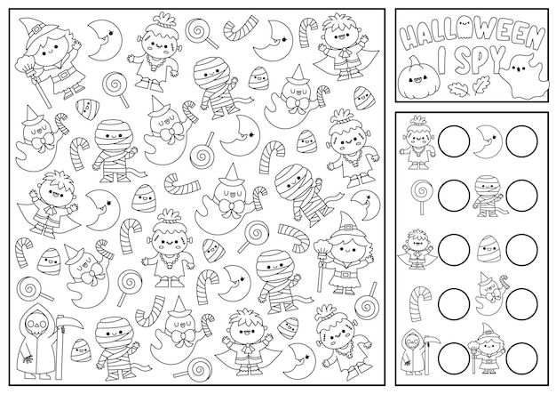 Premium vector halloween black and white i spy game for kids searching and counting activity with cute kawaii characters scary autumn printable worksheet for preschool children simple coloring page