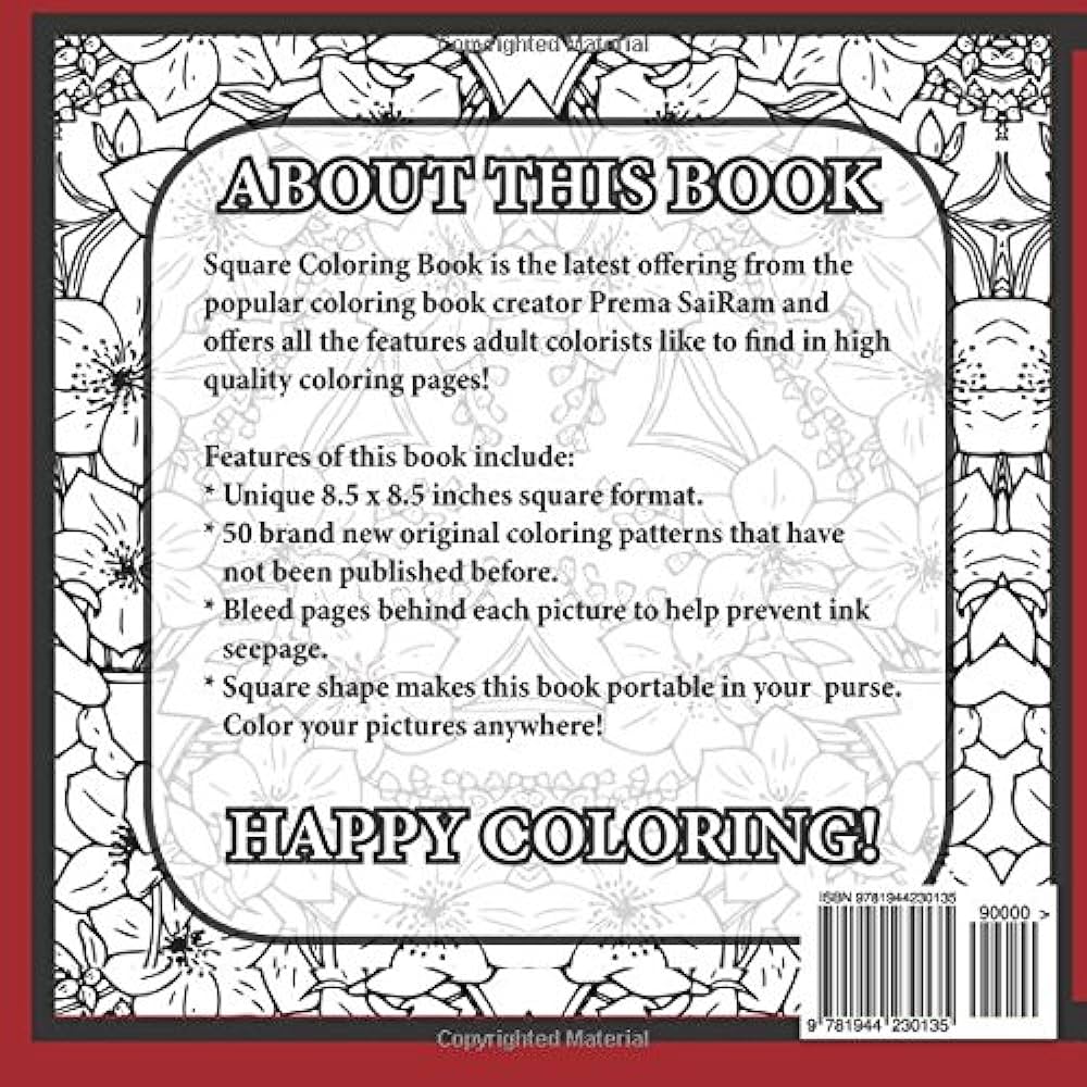 Square coloring book original square shaped patterns designs adult coloring pages created for grown up color in enthusiasts sairam prema books