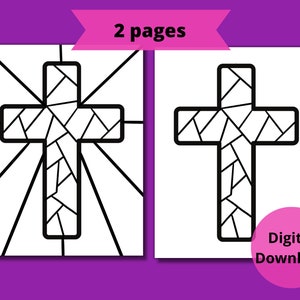Stain glass cross coloring printable lent easter christian catholic sunday school homeschool set of printables