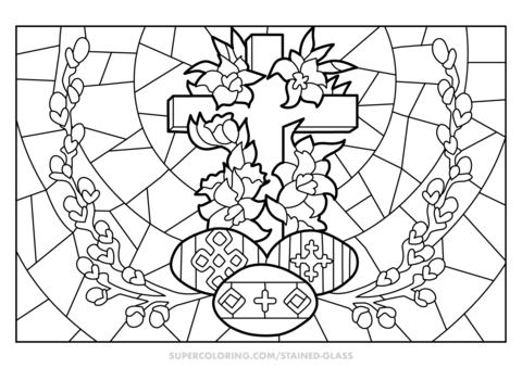 Easter cross and eggs stained glass coloring page free printable coloring pages