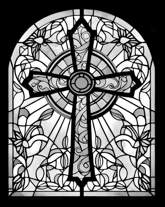 Cross window stained glass pattern print download digital art files x dpi cross stained glass art print coloring page