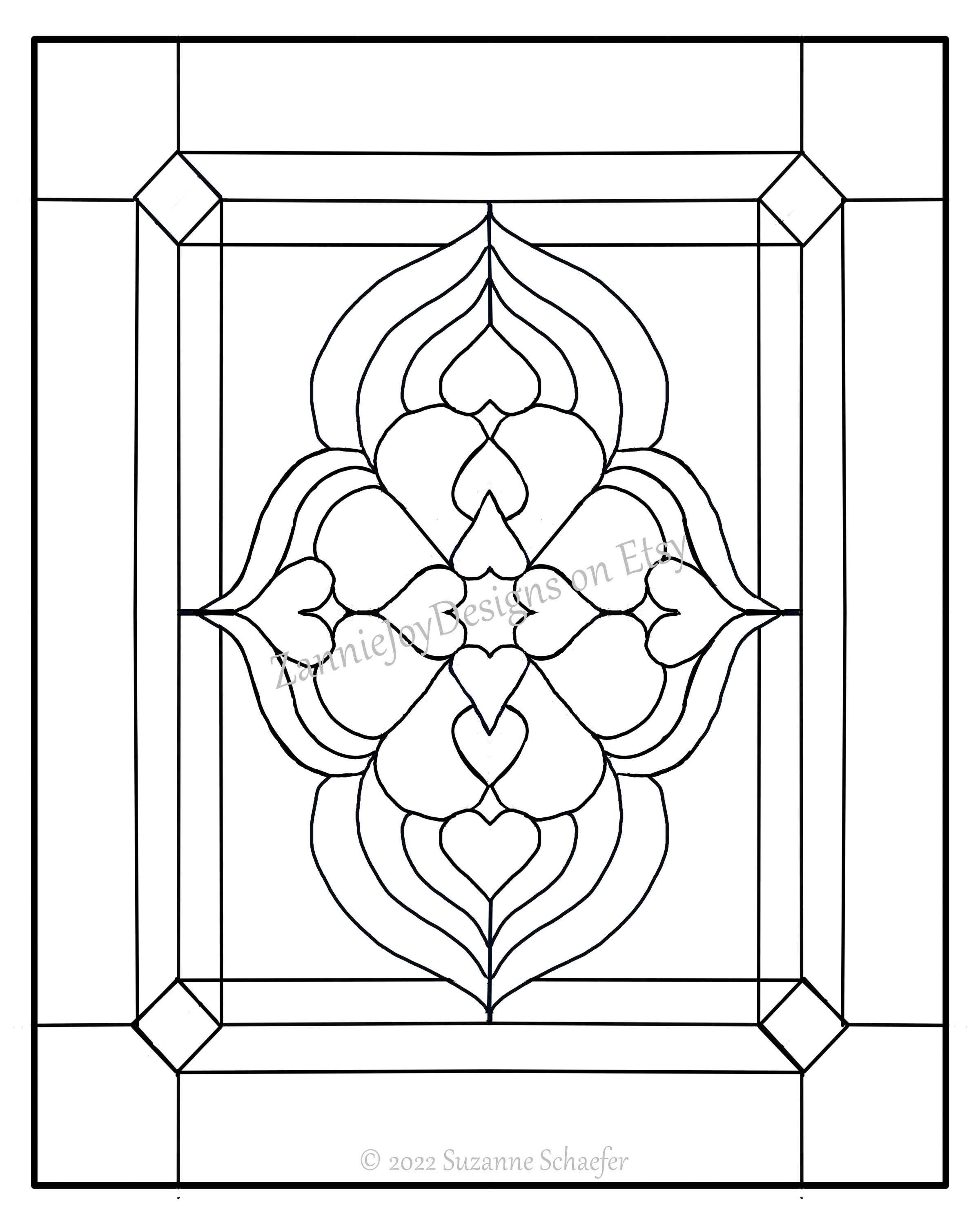 Hearts stained glass pattern instant download line art coloring page printable pattern pdf download