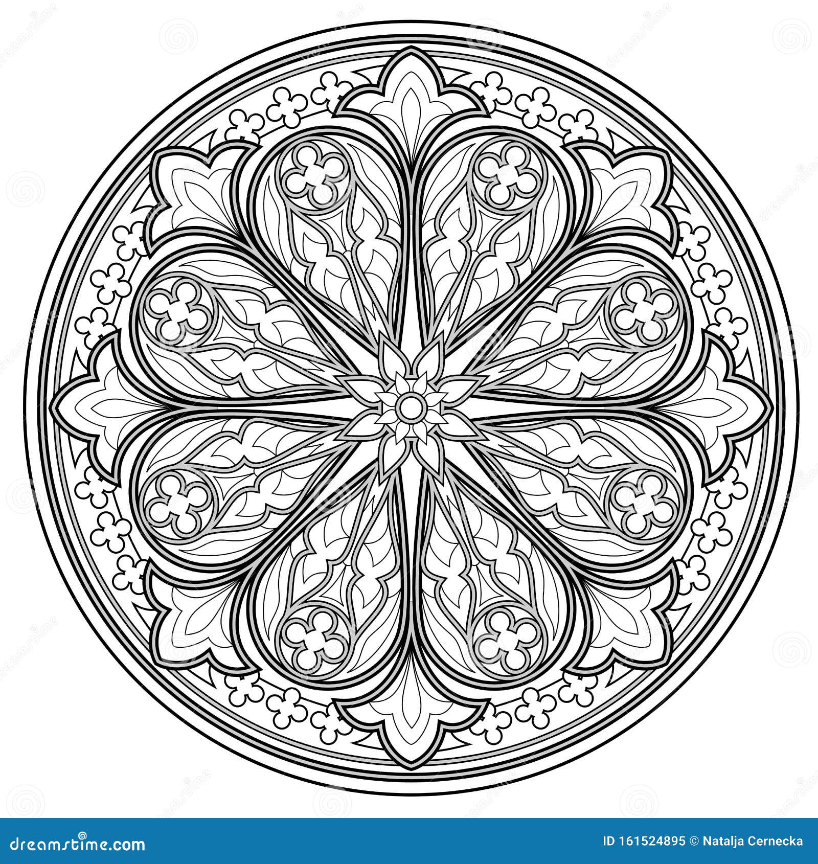 Black and white page for coloring book fantasy drawing of beautiful gothic rose window with stained glass stock vector