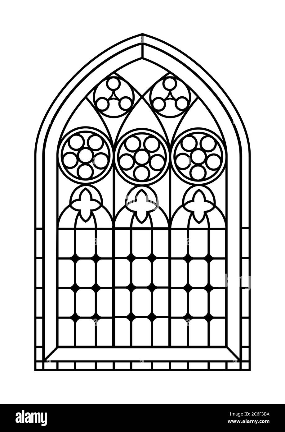 A gothic style stained glass window in black and white outline drawing colouring activity page eps vector format stock vector image art
