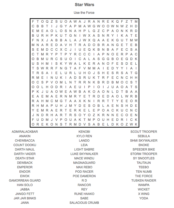Star wars word search force k worksheets word find star wars sound words