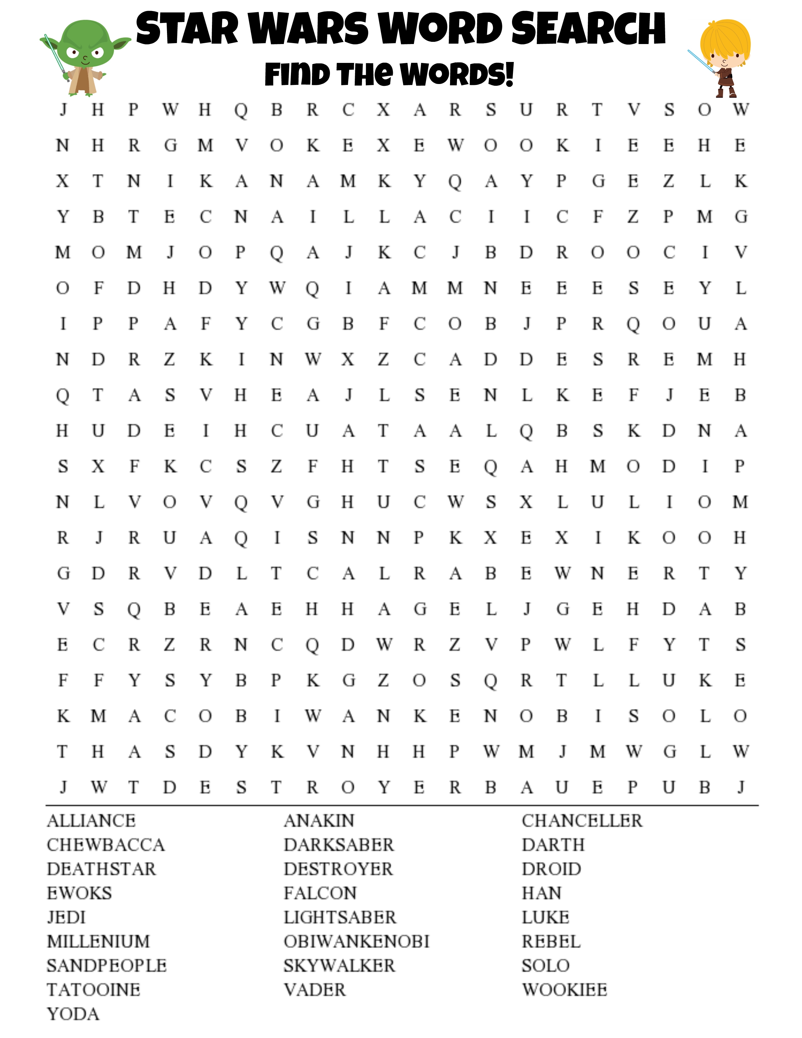 Star wars word search printable for kids
