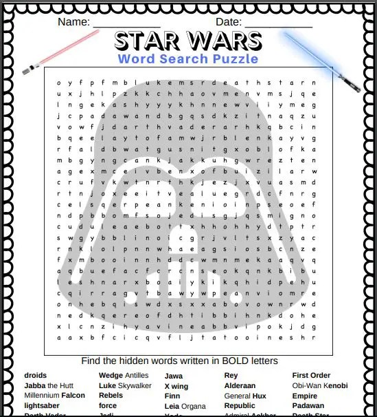 Star wars word search puzzle free printable pdf
