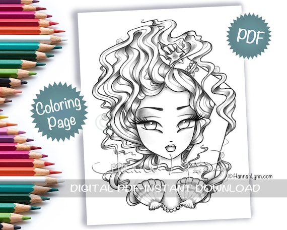 Grayscale sweet starfish mermaid coloring page line art pdf download printable big eye hand drawn whimsy girls art hannah lynn