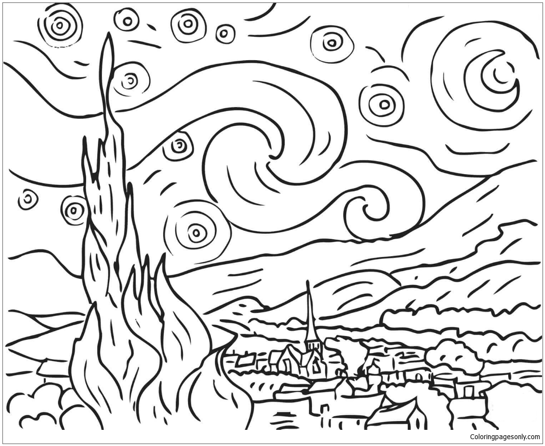 Starry night by vincent van gogh coloring page