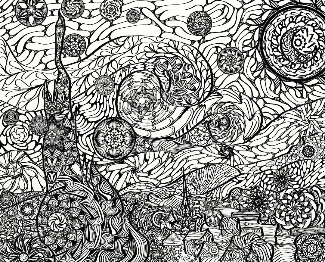 Starry night van gogh mandala adult coloring page printable original size great quarantine activity