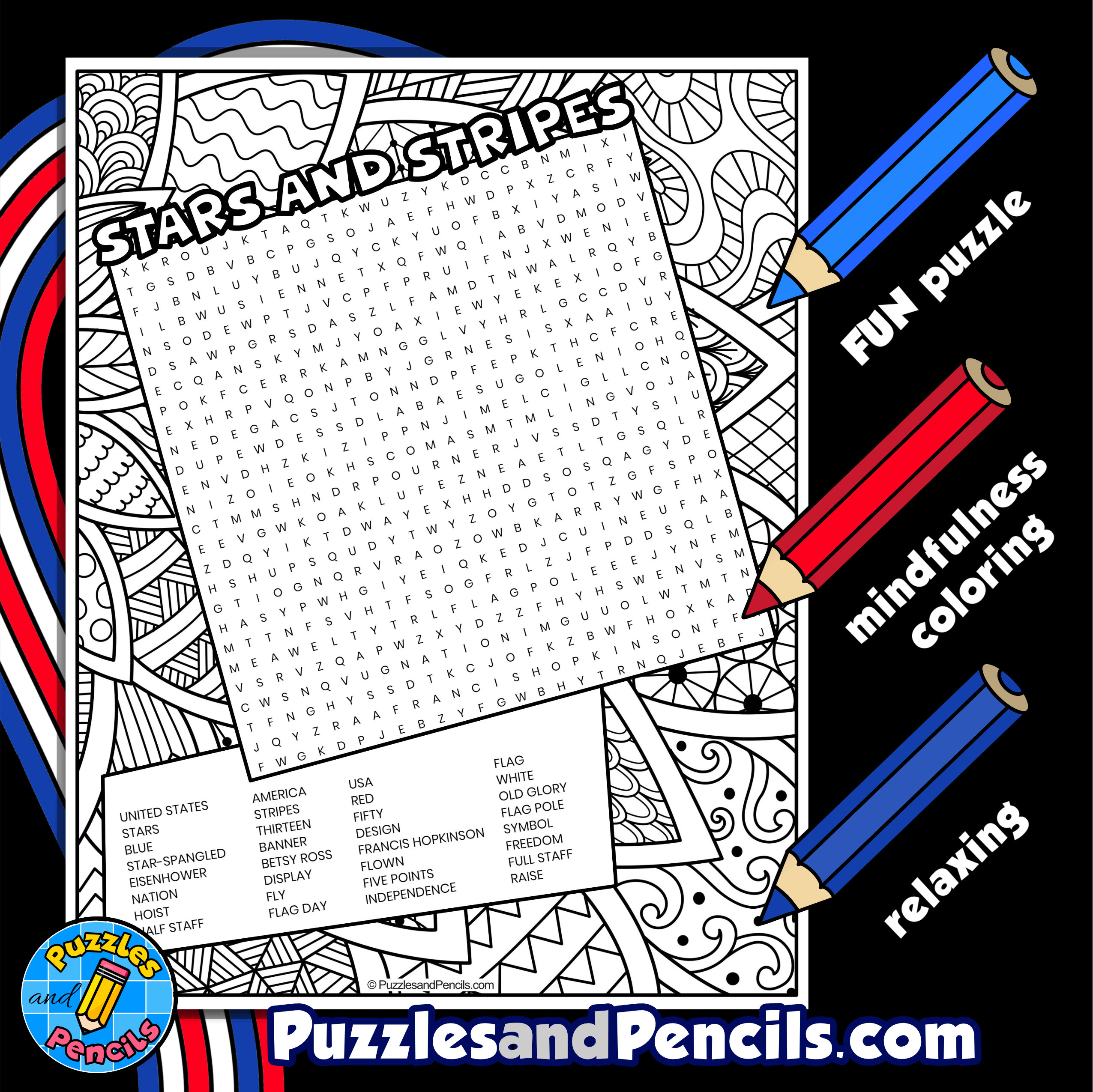 Stars and stripes word search puzzle with coloring flag day wordsearch made by teachers
