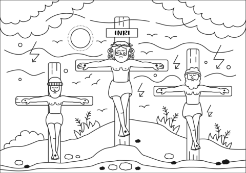 Crucifixion of christ jesus on the cross and two thieves coloring page free printable coloring pages