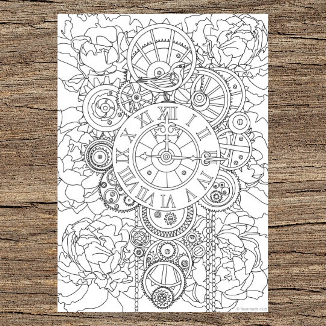 Steampunk clock printable adult coloring page from favoreads coloring book pages for adults and kids coloring sheets coloring designs
