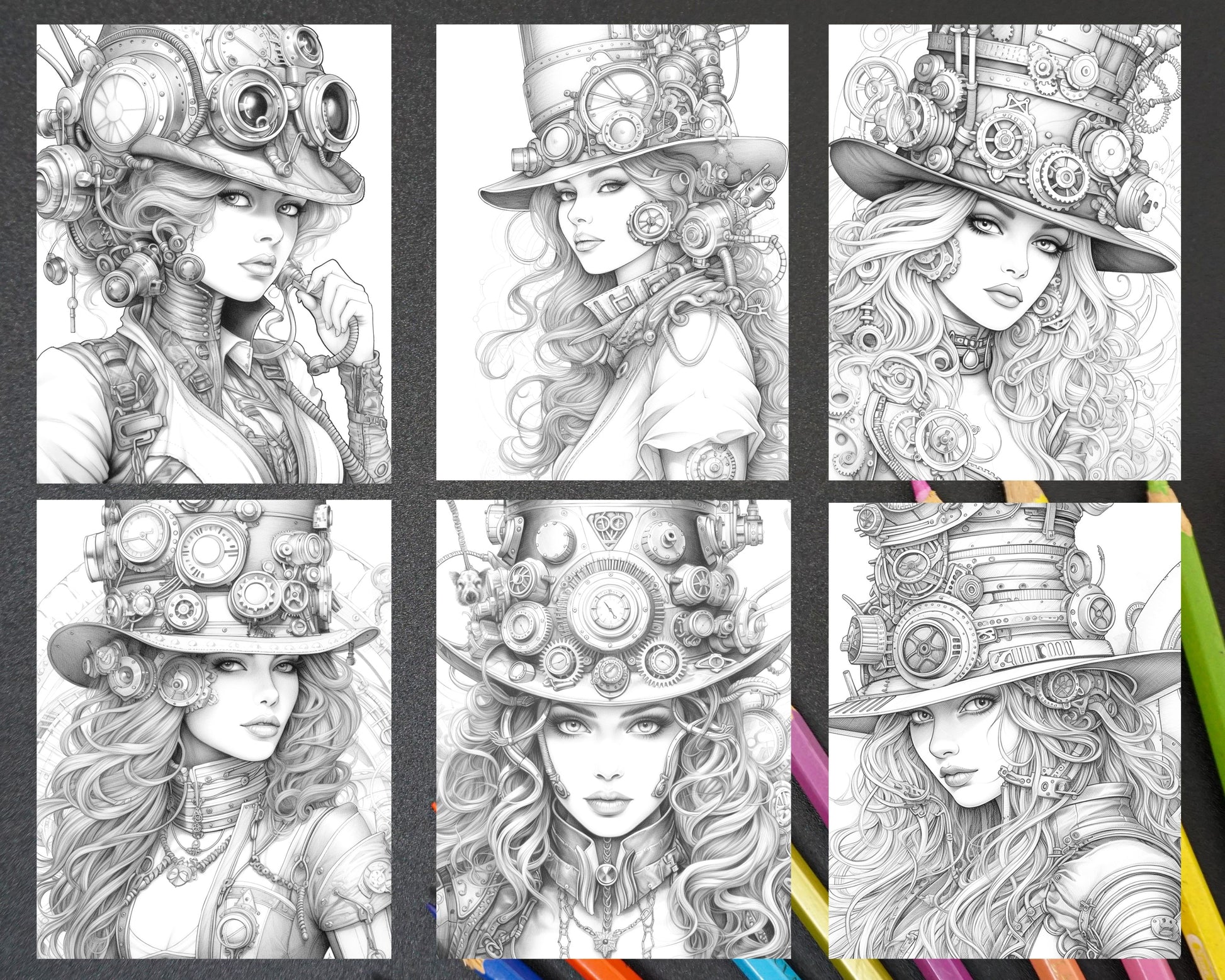 Steampunk ladies grayscale coloring pages printable for adults pdf â coloring