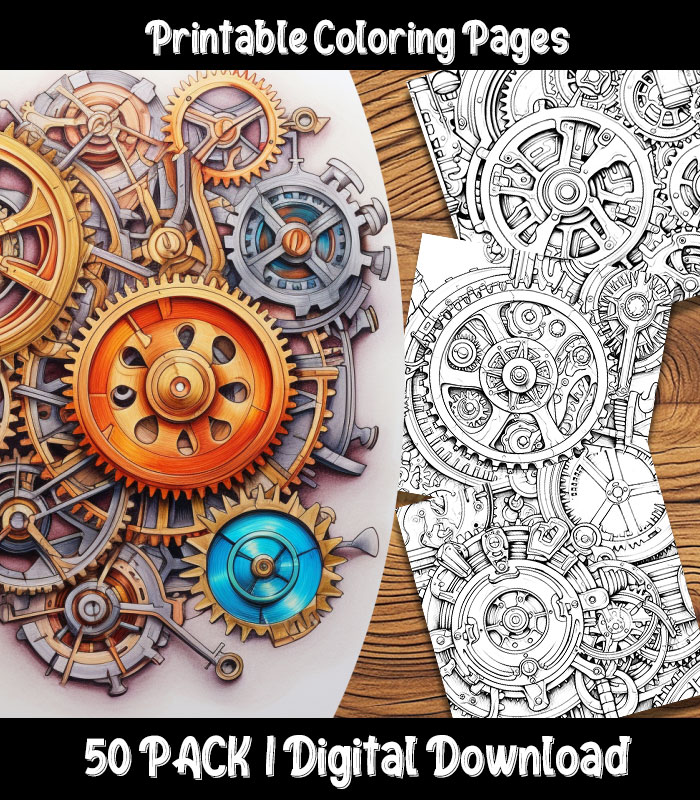 Steampunk gears coloring pages digital pack