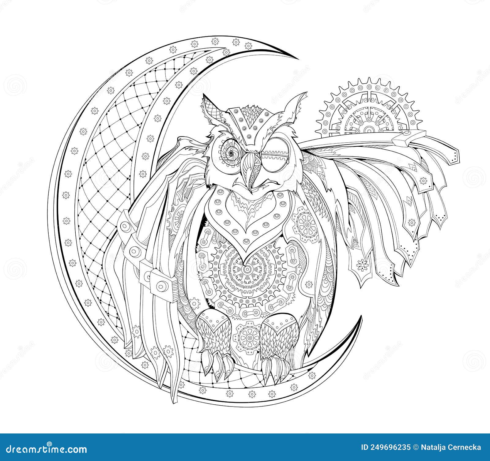Fantasy steampunk owl coloring book for children and adults illustration in zentangle style stock vector