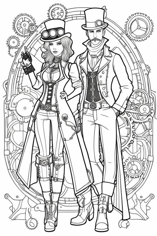 Steampunk girl line art black and white