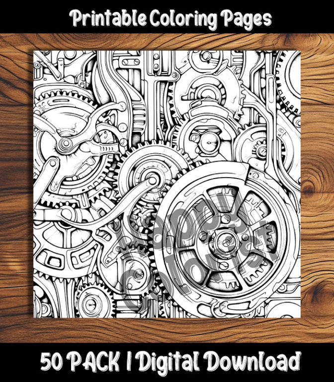 Steampunk gears coloring pages digital pack