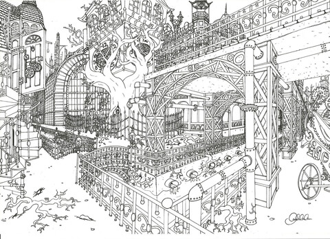 Steampunk city coloring page free printable coloring pages