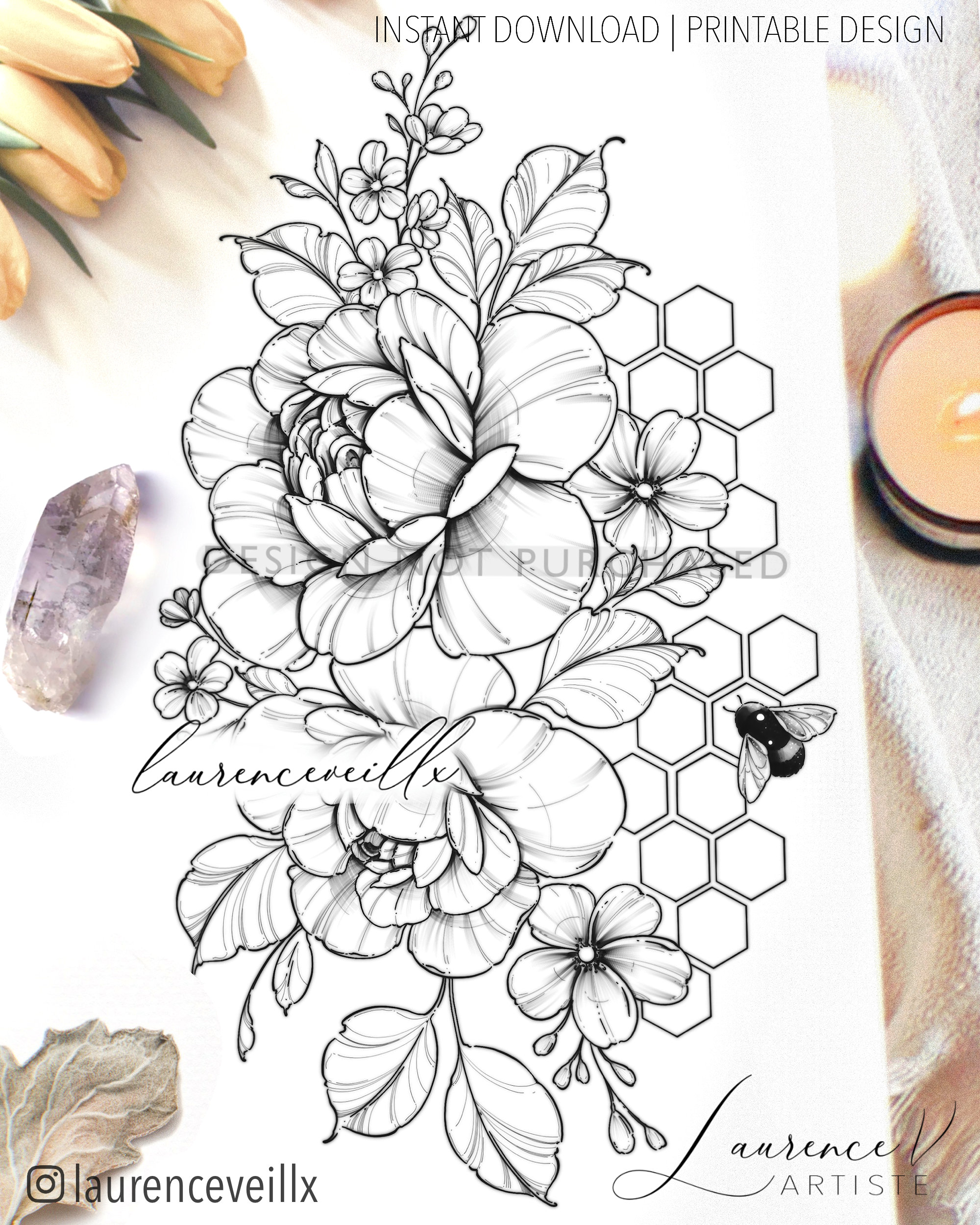 Instant download tattoo design peonies and honeyb tattoo printable stencil template