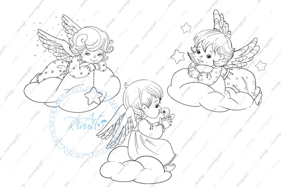 Angels coloring pages for kids digital stamp cute christmas baby angel digi stamp download line art outline printable png clipart